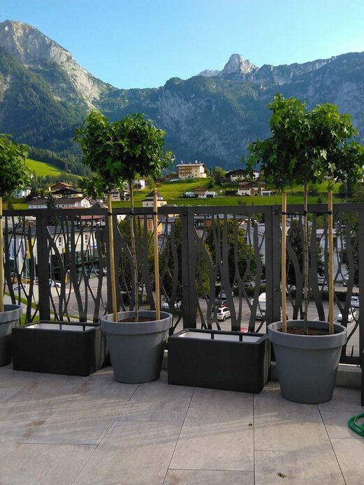 Gartenzaun, Sichtschutzelemente aus Metall, Metalltore, Metalltüren Metallzaun einer Terrasse mit Topfpflanzen, im Hintergrund sommerliches Bergpanorama